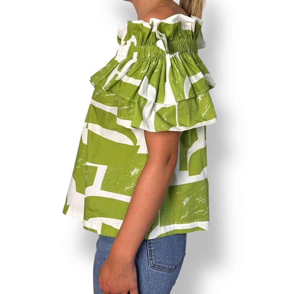 MeimeiJ Abstract Green White Print Top Off Shoulder Ruffle Cotton Sz XS (Ital 38 - Picture 3 of 8